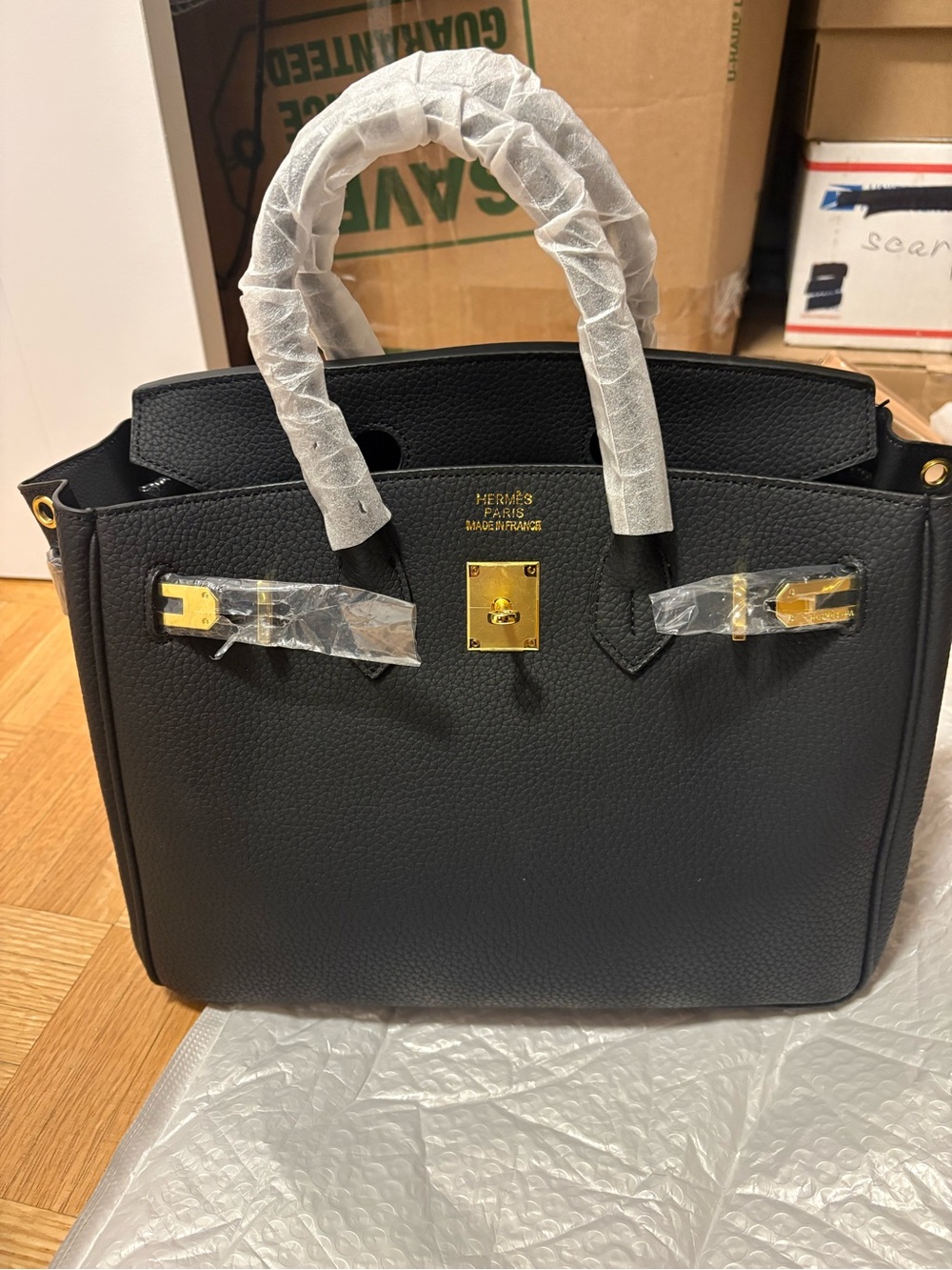 Hermes Black Leather Satchel with Gold Hardware